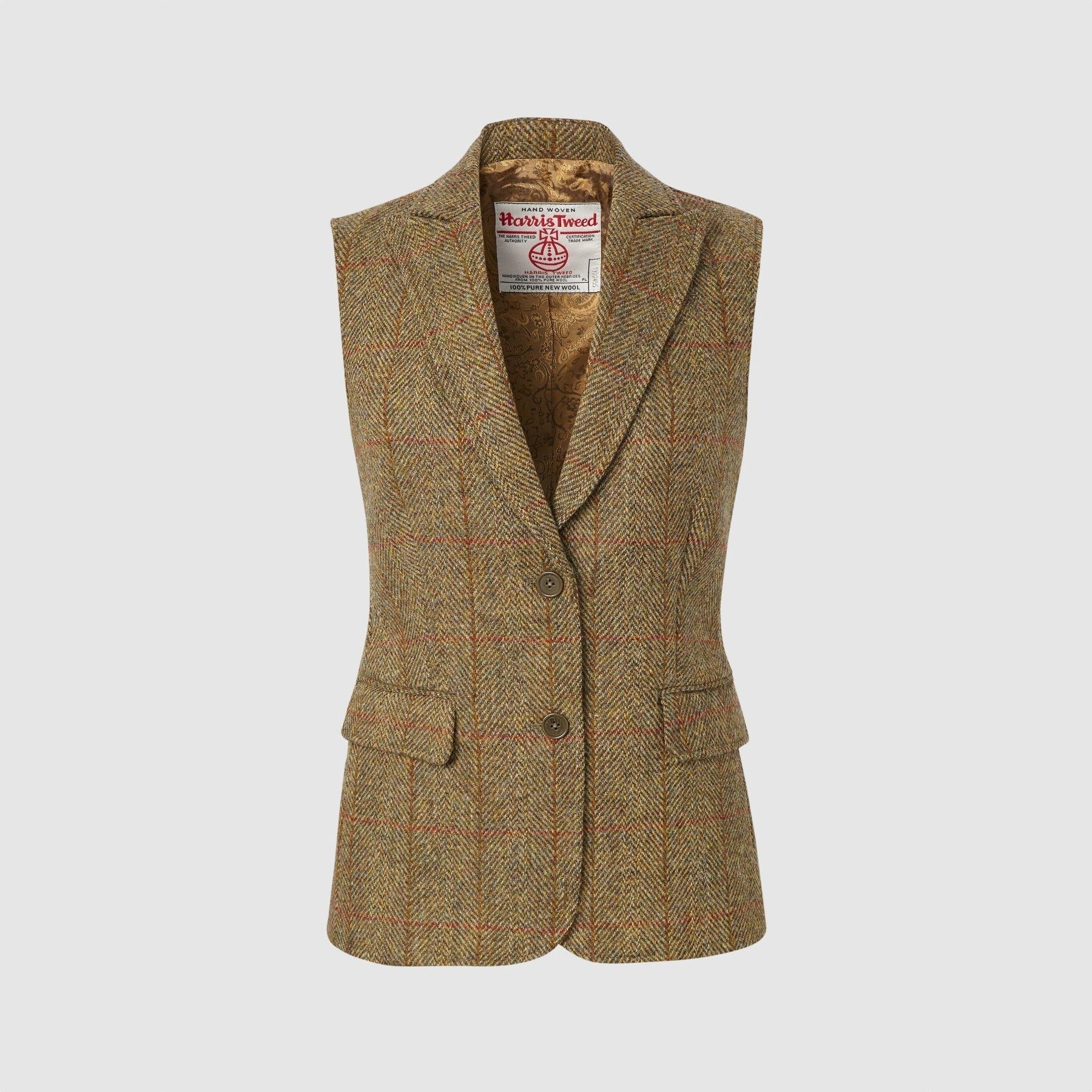 Se Pippa Waistcoat Harris Tweed, mustard herringbone - 12 (M) hos Godsejeren