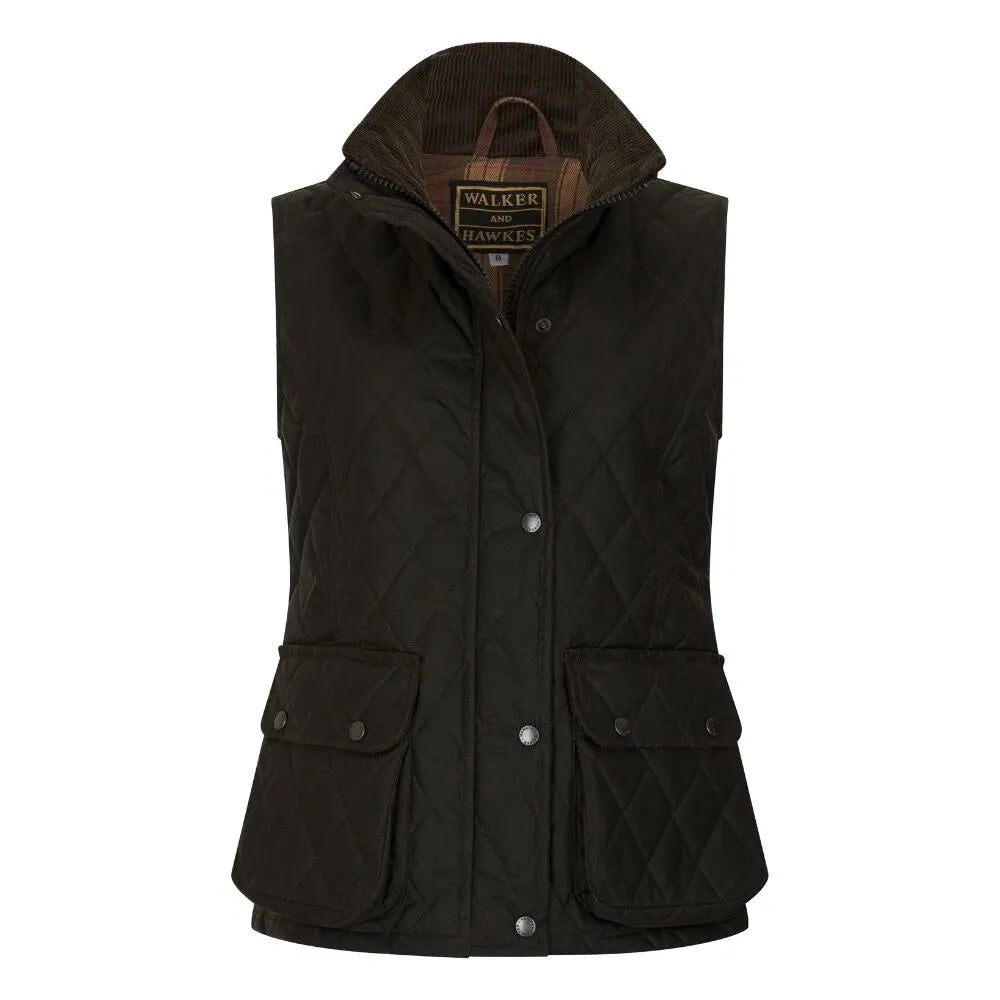 Se Haxby Ladies Wax Diamond Quilted Gilet vest, olivengrøn - 14/L hos Godsejeren