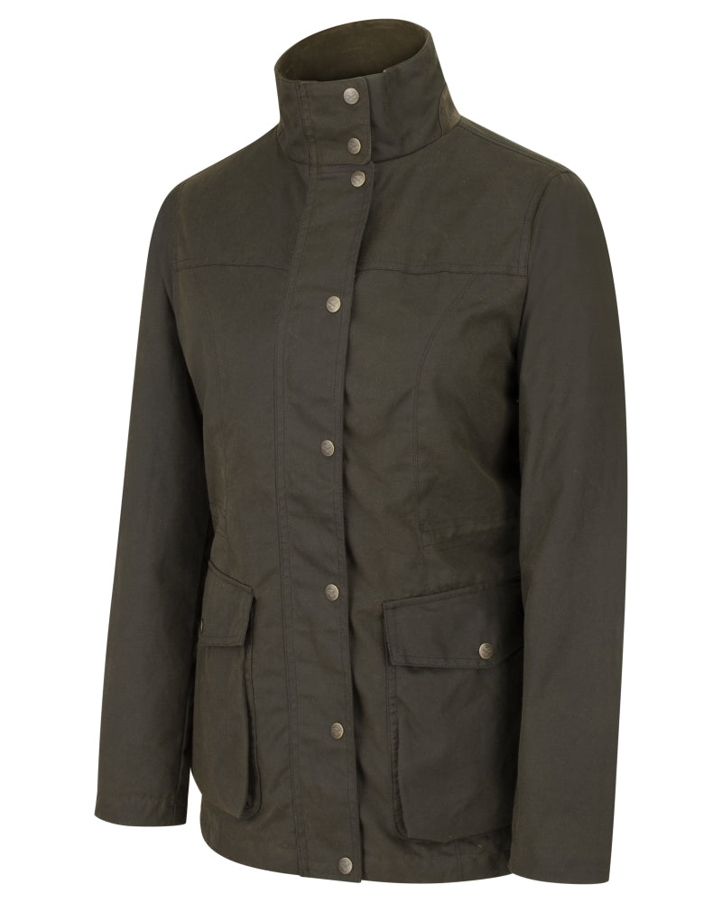 Se Caledonia Ladies Waterproof Wax Jacket, oilskinsjakke deluxe, olivengrøn - M (UK12-14) hos Godsejeren