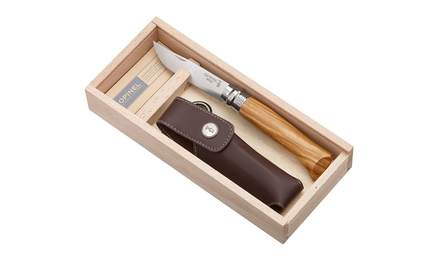 Billede af Opinel N'08 foldekniv, oliventræ, rustfri stål m. læderskede i gaveæske