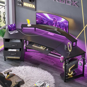 SEDETA 79" Gaming Desk, Computer Desk with 2 Fabric Drawers & LED Light, L Shaped Gaming Desk Carbon Fiber Black - Cool Cups Day 🥤 - Metal Computer Desk With Drawers