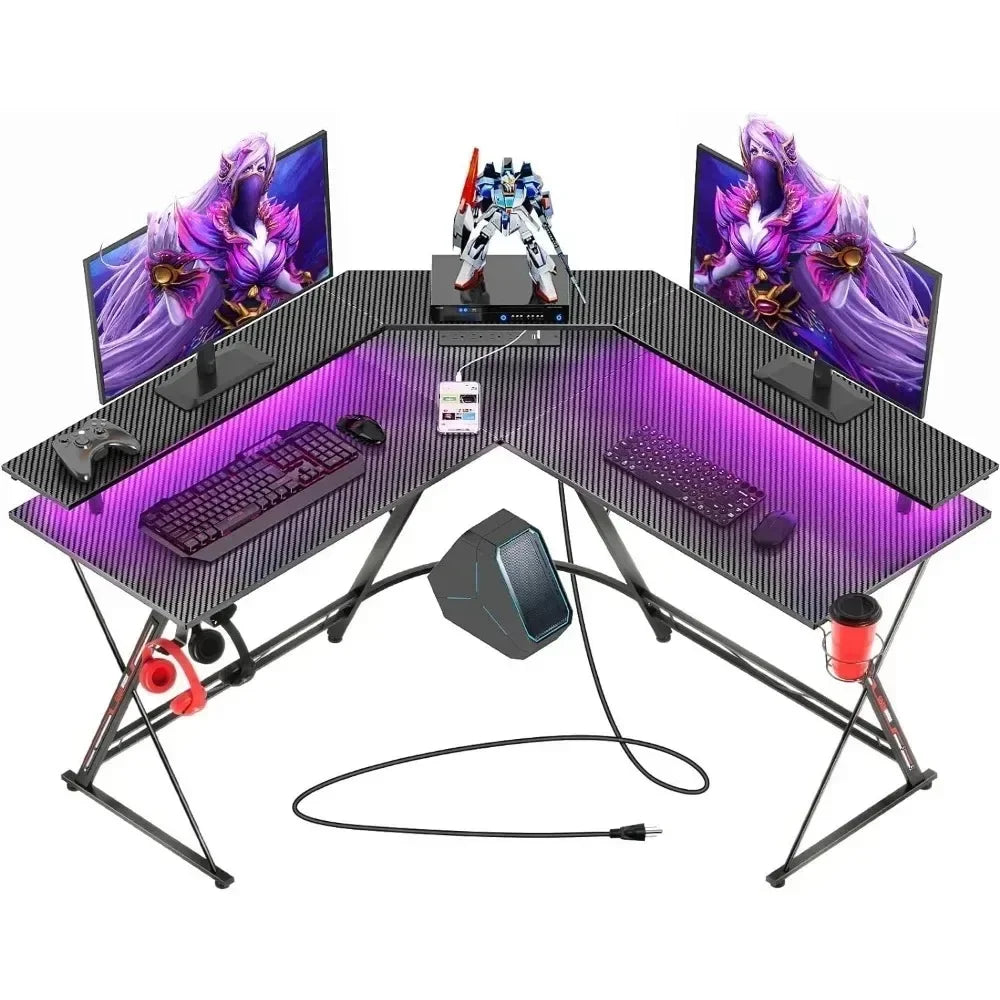 L Shaped Gaming Desk with LED Lights & Power Outlets, 50.4β Computer Desk with Monitor Stand & Carbon Fiber Surface