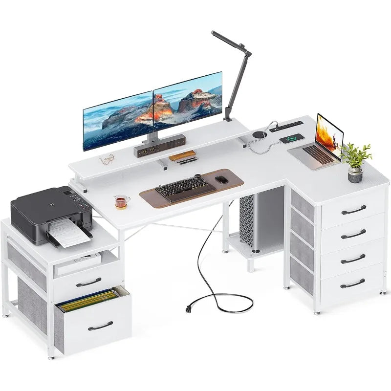 KKL L Shaped Computer Desk , 72 Inch Home Office Desk with Printer Cabinet & Monitor Shelf & Host Storage Shelves