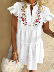 Ethnic White Ruffled Short-sleeved Loose Dress