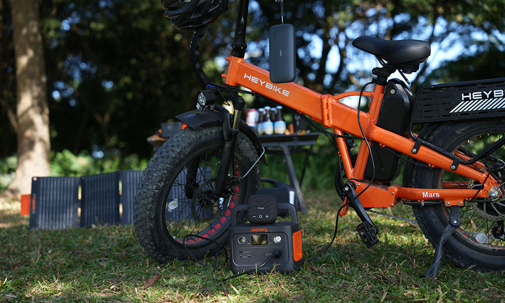 Heybike Mars 2.0 e-bike charging by Jackery power station