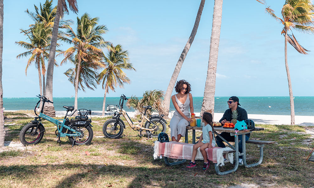 The parents riding e-bikes go to a picnic with their kids on Mother's Day