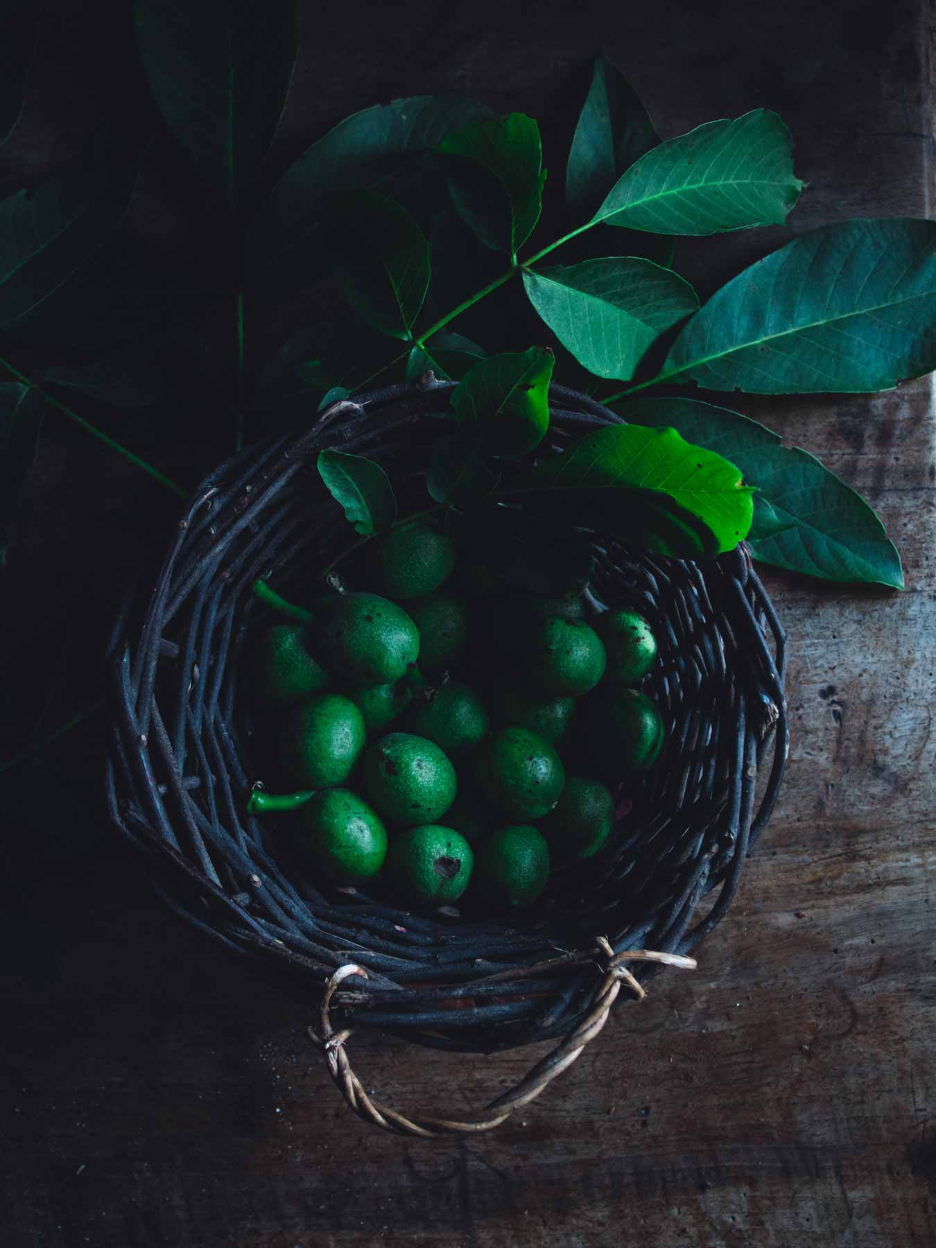 Green walnuts in a basket