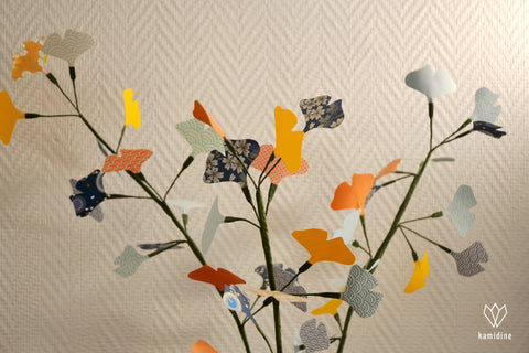 plante en origami : ginkgo avec du papier japonais coloré