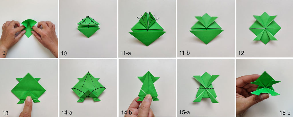 Tutoriel origami grenouille sauteuse, étapes 9 à 15