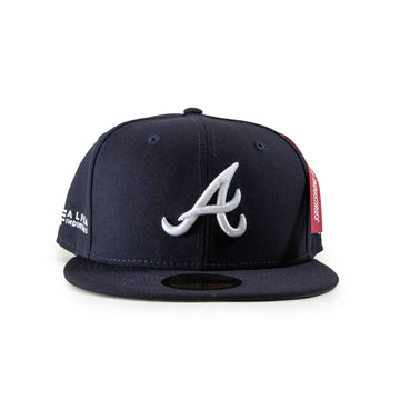 New Era Atlanta Braves Side Patch Bloom 59FIFTY Men's Fitted Hat Navy-Pink 60288166, Blue