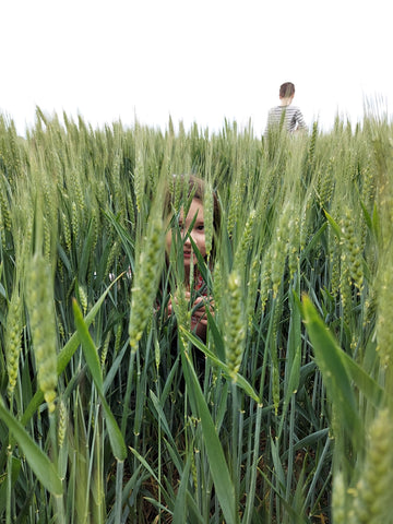 Little girl hiding in a wheat field and waiting for someone to find her 