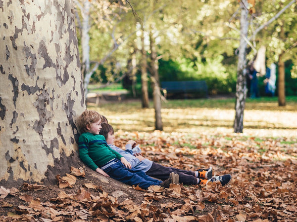 three little boys sitting down and leaning against a tree in the fall