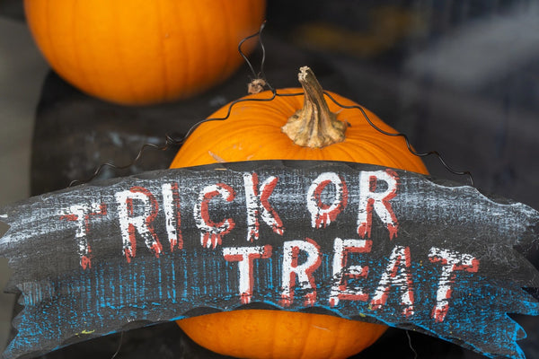 Two pumpkins with a trick or treat sign hanging on the stem of one of the pumpkins