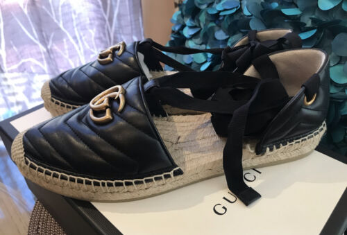 Stylish! GUCCI GG Marmont Pilar Espadrille Mule IT 37.5/US 7.5 Black GG Logo NIB