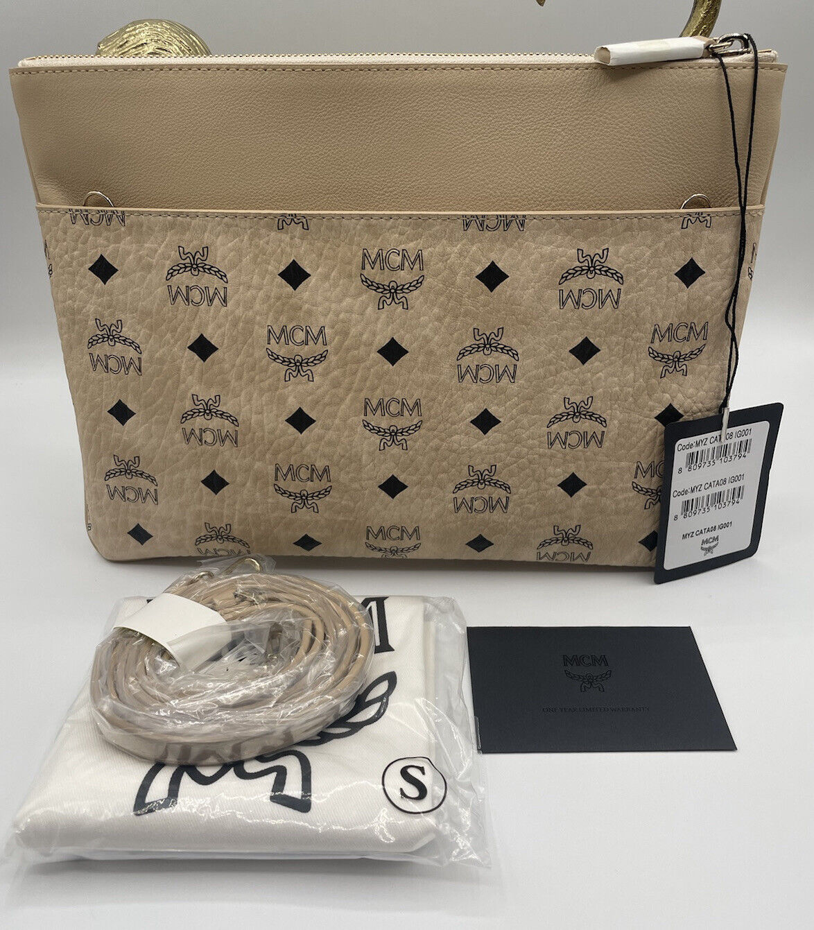 Limited Edition MCM Medium Visetos Logo Crossbody Pouch Clutch Bag In Beige