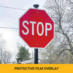 example of vibrant reflective stop sign with protective overlay film applied