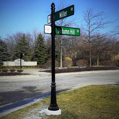 Streetscape series post assembly with street signs and logo paddle signs