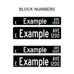 Street sign layout example of street name, direction and block numbers