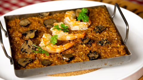 Riz au carpaccio de truffes d'été, crevettes et légumes