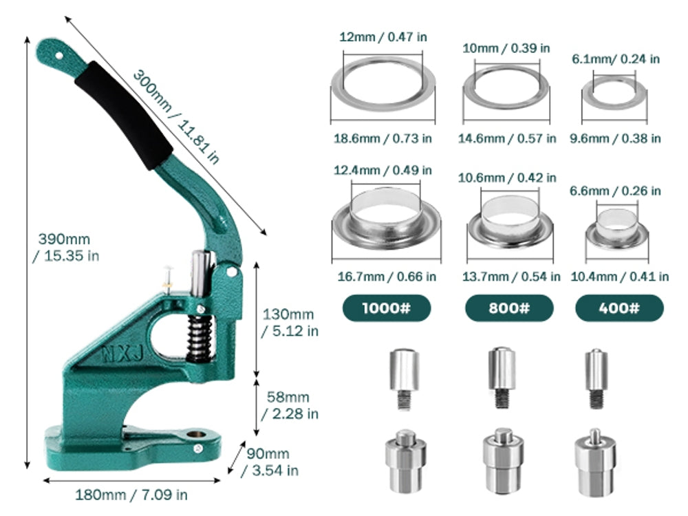 Hand Press Grommet Machine Tarp Grommet Tool Kit Heavy Duty Grommet Press,3  Dies (#0#2#4),3000Pcs Sliver/Gold Grommets(1/4 3/8 1/2 inch)