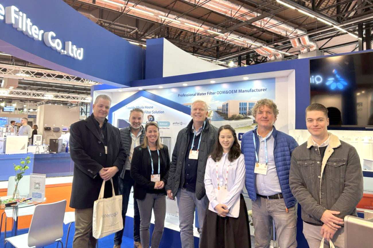 staff of Qingdao Ecopure Filter Co., Ltd. illustrating featured water solutions at Aquatech Amsterdam 2023