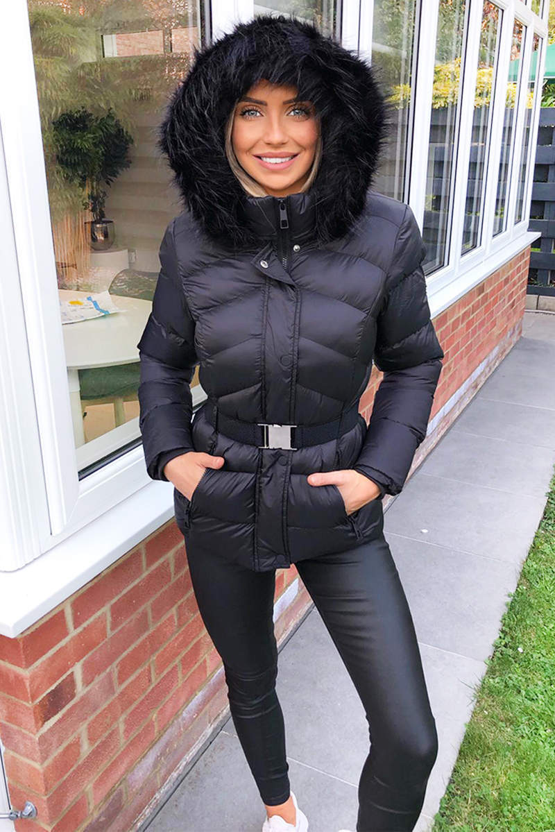 Black Padded Belted Puffer Jacket – AX Paris US