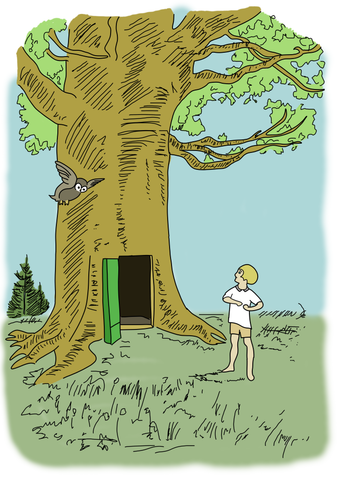 Christopher Robin outside his tree house looking up as owl swoops down to land.