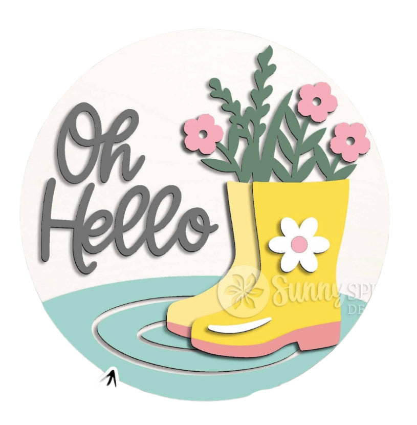 12” “Oh Hello” Sign with Flowers and Boots (FLAGLER)