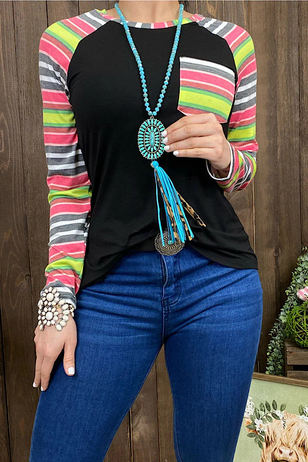 Solid Black Top with Striped Sleeves