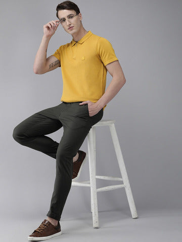 ARDOR EDITION MEN MUSTARD YELLOW SOLID COTTON SELF DESIGN POLO COLLAR SLIM FIT T-SHIRT