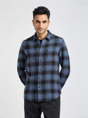 MEN BLUE CHECKED SLIM FIT COTTON CASUAL SHIRT
