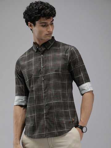ARODR EDITION MEN BROWN CHECKED SLIM FIT PURE COTTON CASUAL SHIRT
