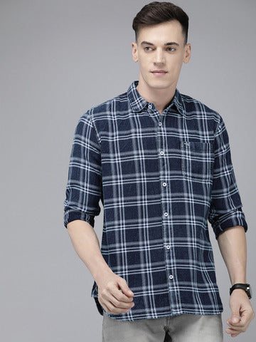 MEN BLUE CHECKED SLIM FIT COTTON CASUAL SHIRT