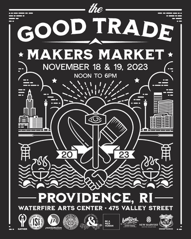 black and white poster showing a knife and paintbrush advertising maker's market in Providence