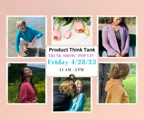 photos of women in colorful sweaters announcing pop up event Friday 2/28 11-3 pm 