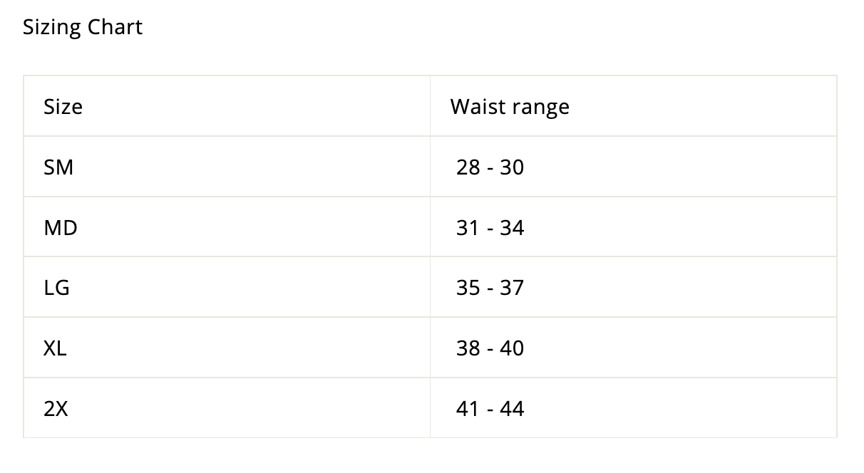 Sizing chart