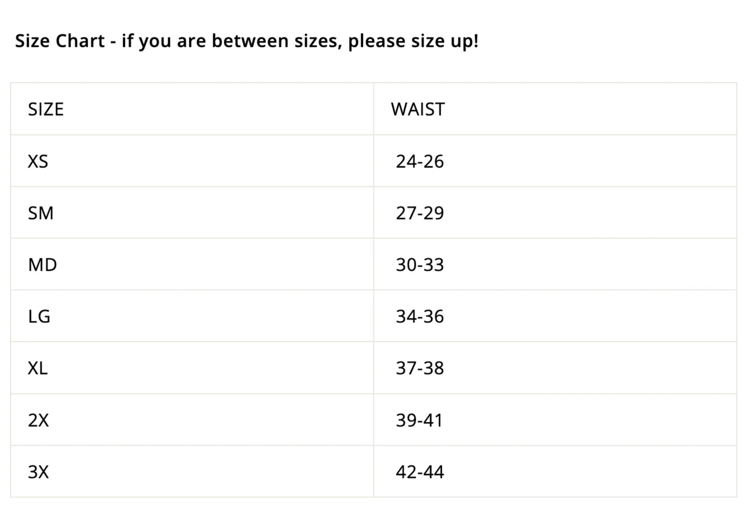 Sizing chart