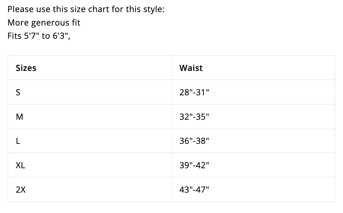 Sizing chart