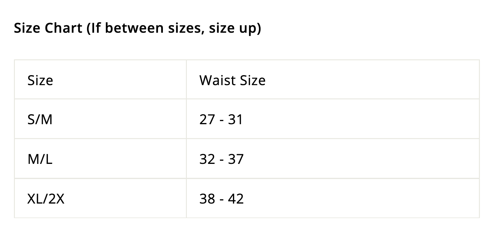 Sizing chart