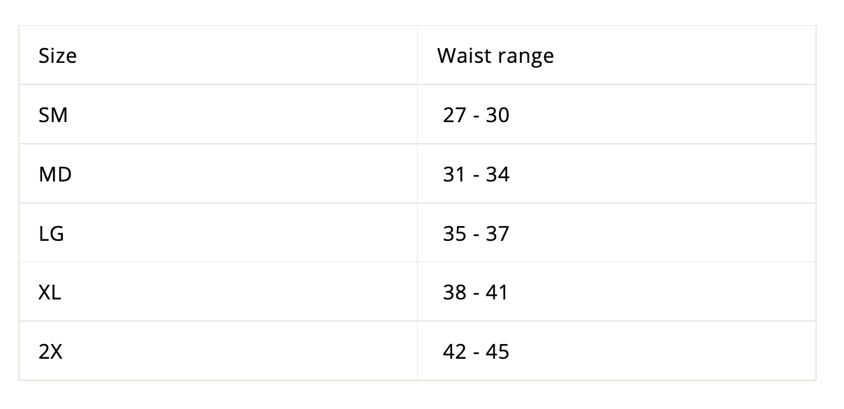 Sizing chart