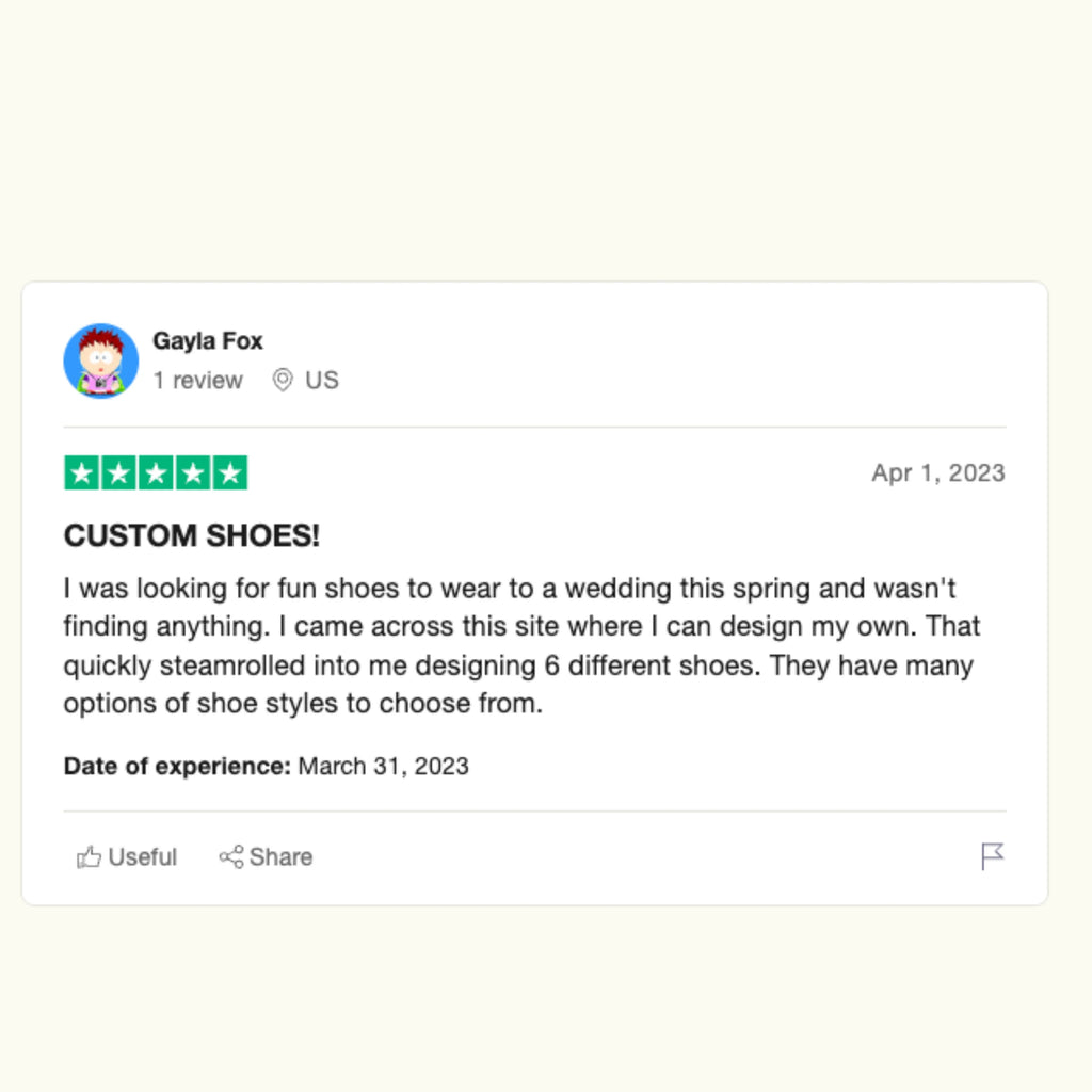 A positive review form a customer who ordered custom shoes at Shoe Zero