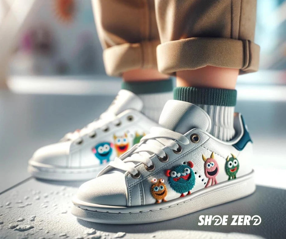 A young child in customized sneakers