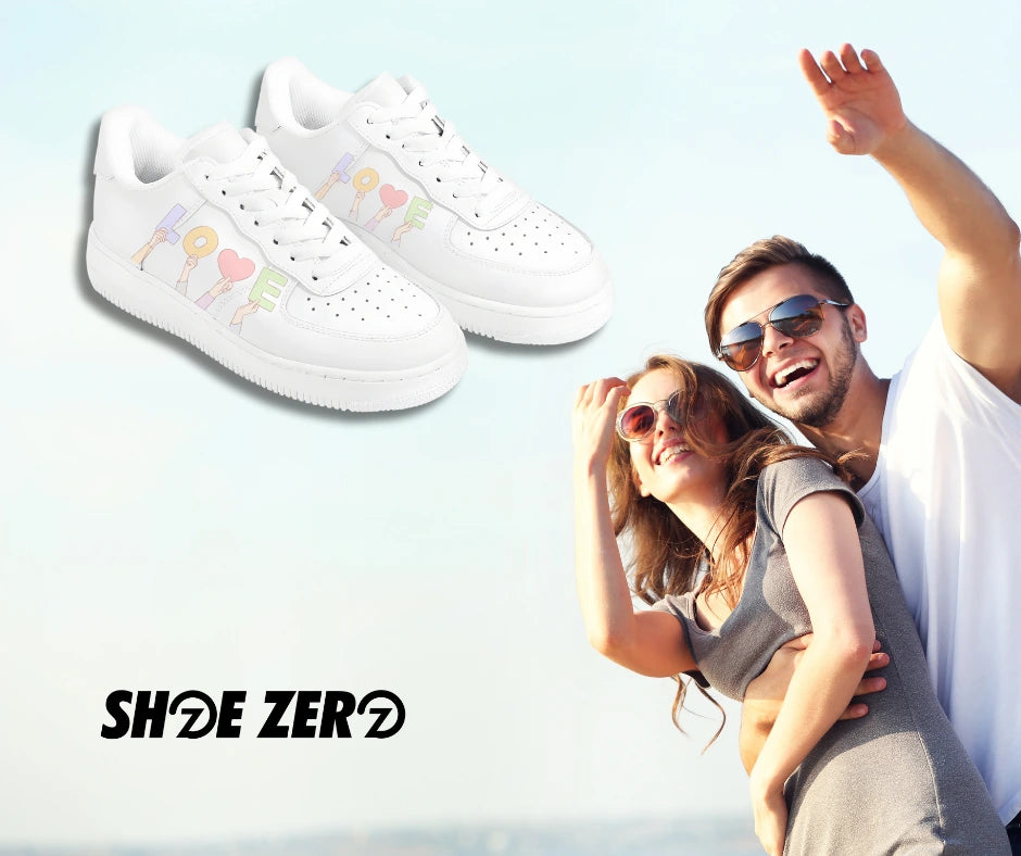 Couple looking at a matching couple shoes from shoe zero