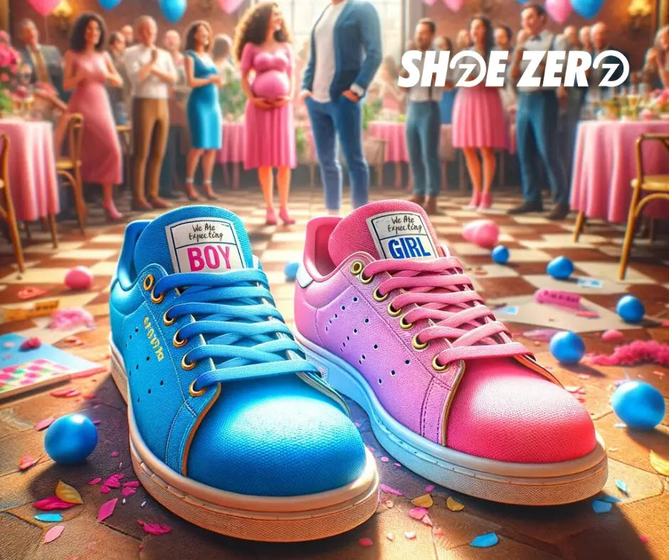 A baby shower and gender reveal party through deciding which custom shoes is it