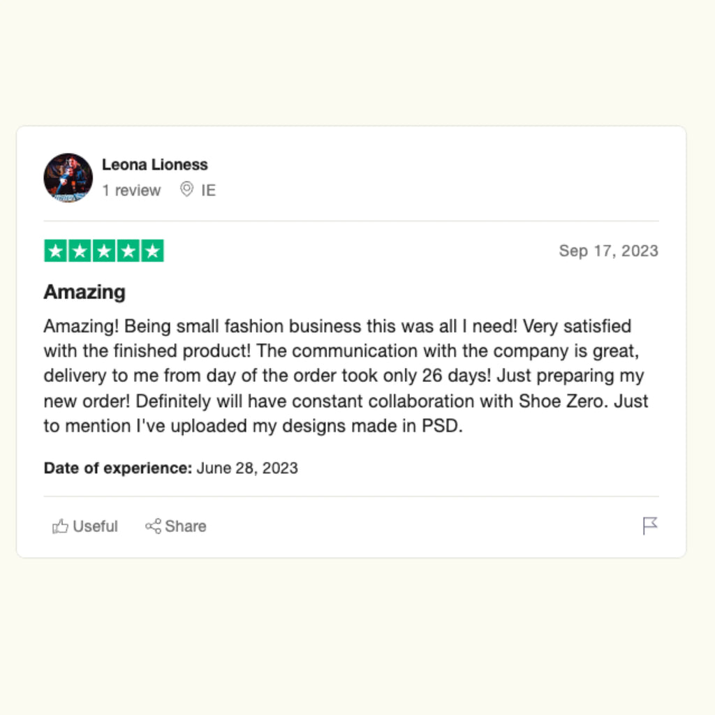 A positive review form a customer who ordered custom shoes at Shoe Zero