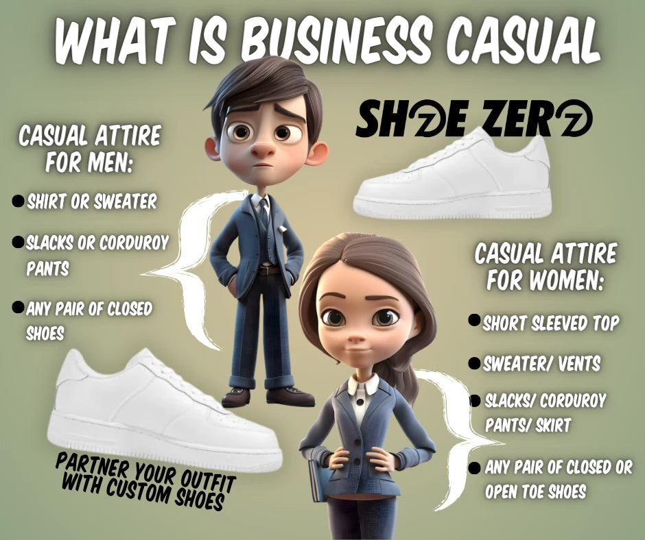 Business man and business woman wearing labeled casual attire