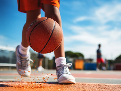 a boy playing basketball with basketball shoes