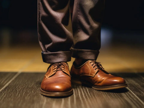 a man wearing leather shoes to stretch them