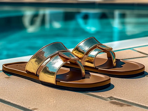 pair of sandals near a pool