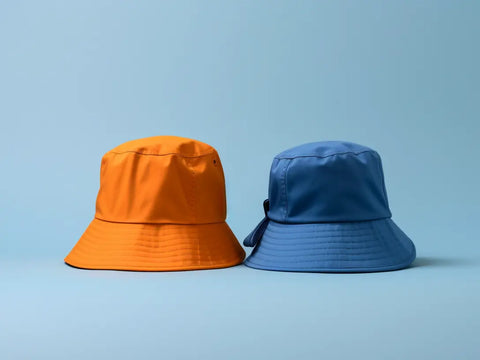 two bucket hats, one plain orange and one plain blue
